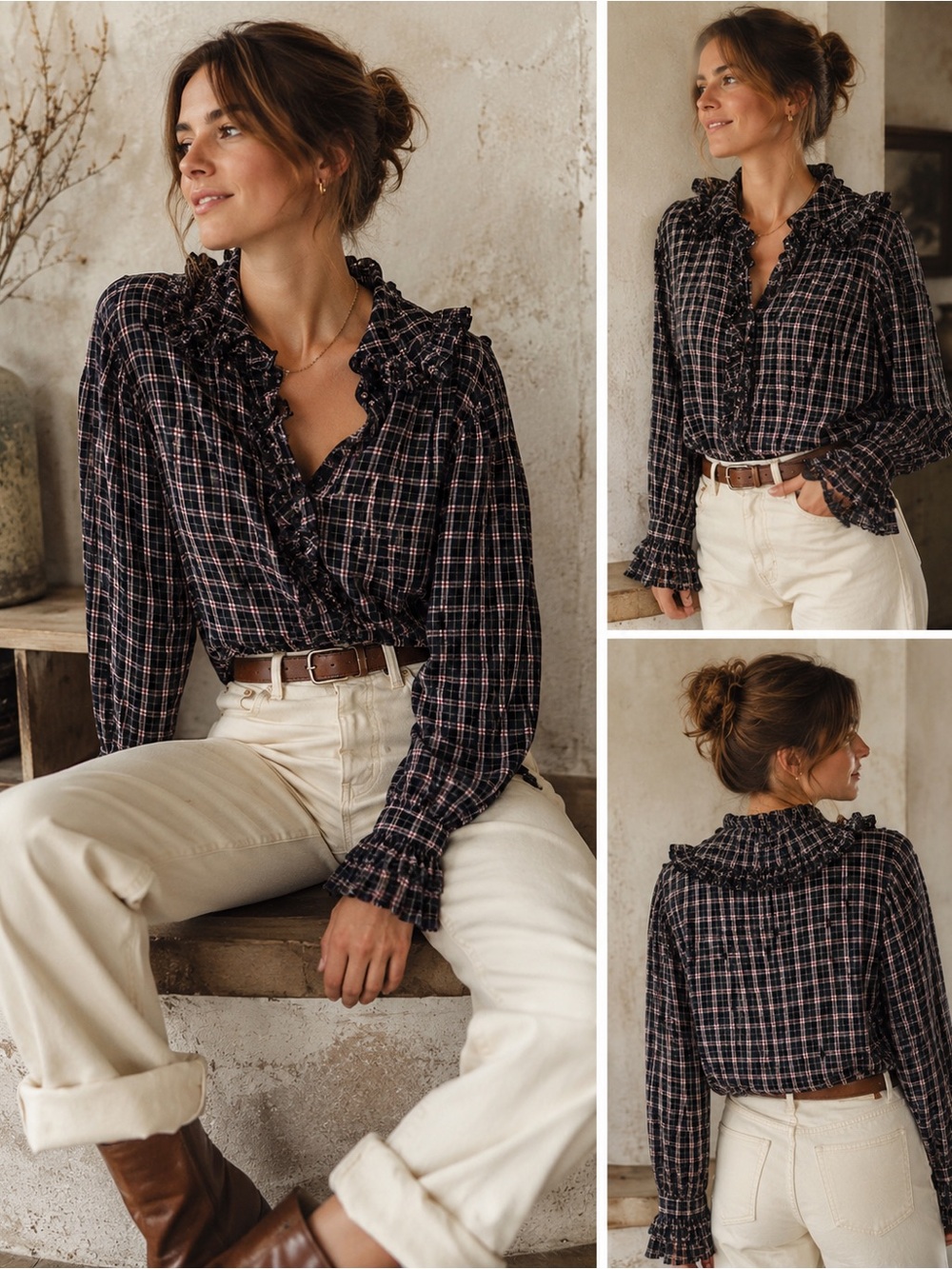 Laurence Bras Paris Plaid Ruffle Handloom Cotton Blouse Taille 2 French Boho